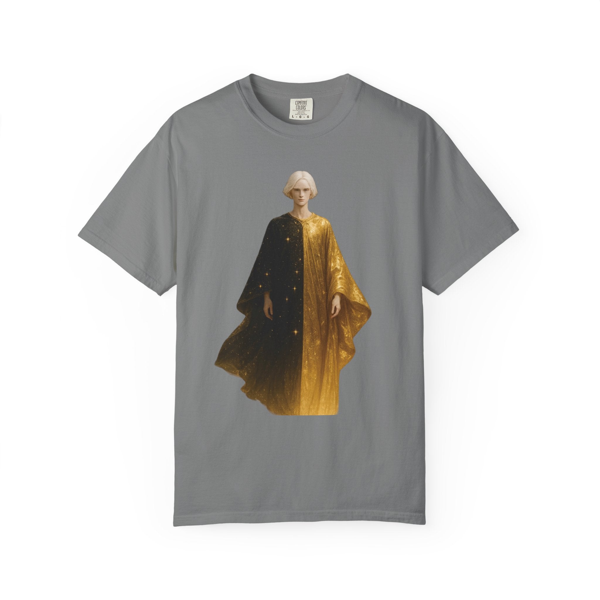 Power Runs Black PRB Twelfth Golden Cloak Figure T-Shirt | Surreal Angelic Portrait by Power Runs Black