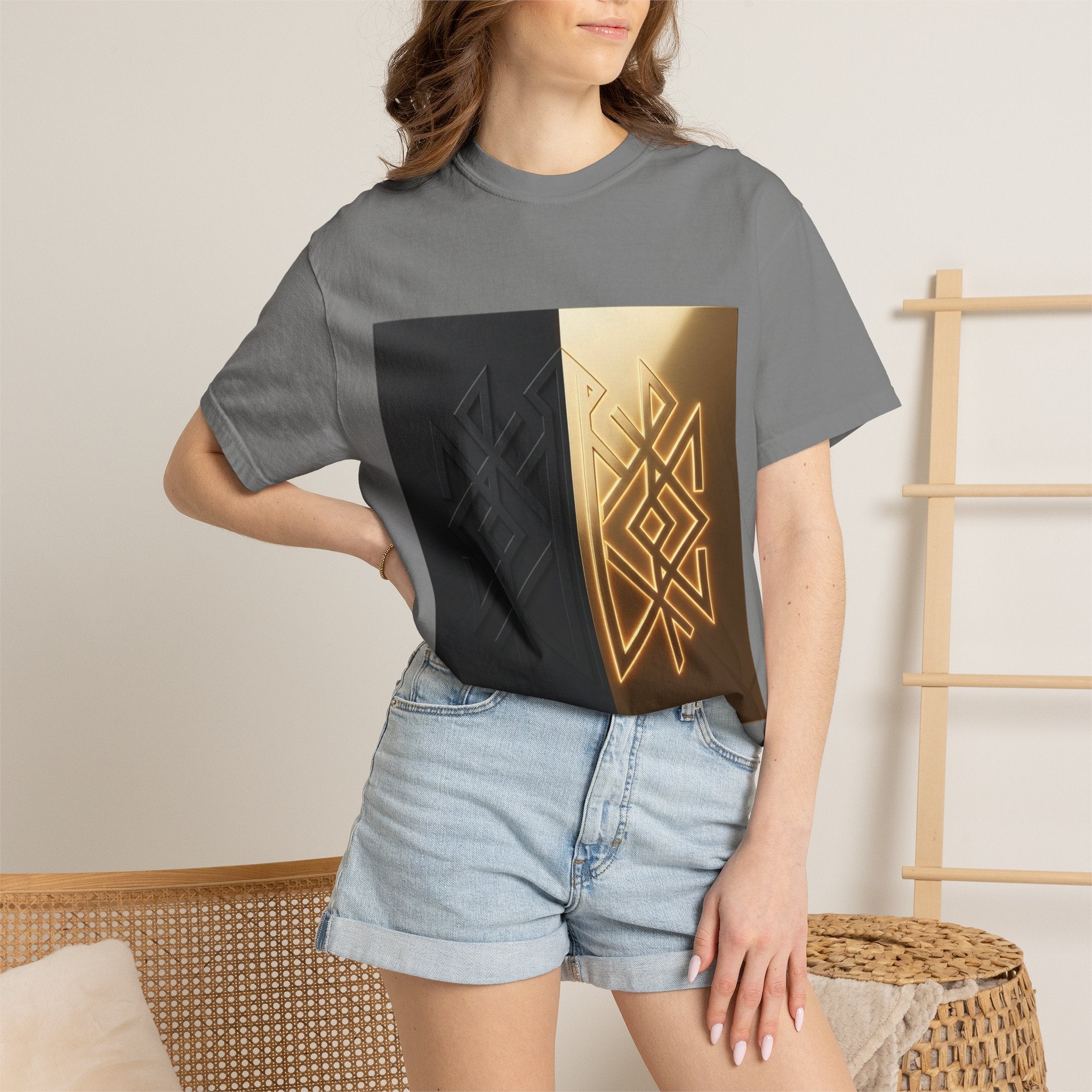Power Runs Black PRB Geometric Split Glow T-Shirt — Black & Gold Tribal Diamond Graphic by Power Runs Black