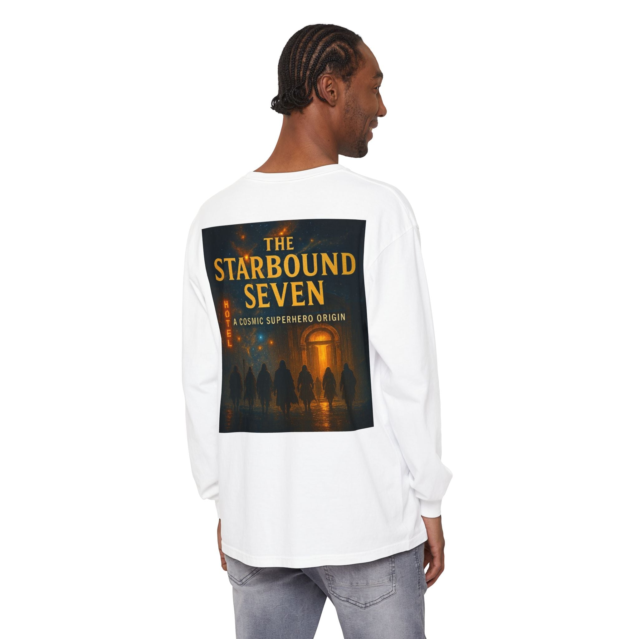 PRB The Starbound Seven graphic long sleeve shirt | cosmic superhero poster by Power Runs Black
