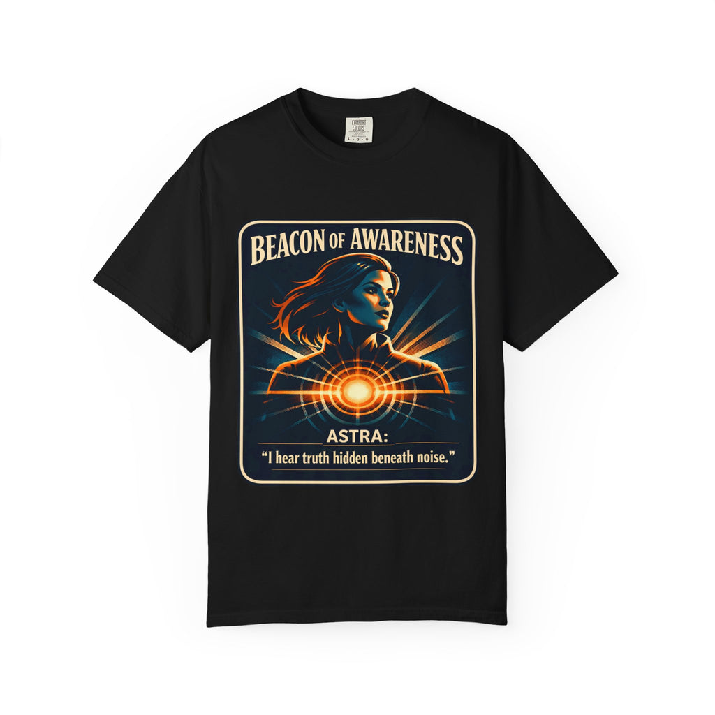Power Runs Black Beacon of Awareness T-Shirt — “Astra: I hear truth hidden beneath noise” Cosmic Graphic Tee by Power Runs Black
