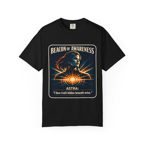 Power Runs Black Beacon of Awareness T-Shirt — “Astra: I hear truth hidden beneath noise” Cosmic Graphic Tee by Power Runs Black