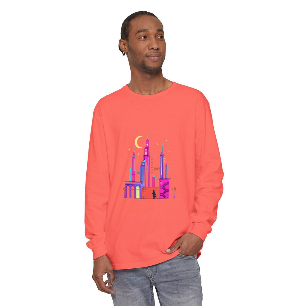 PRB Neon City Skyline Long Sleeve Shirt | Urban Nightscape Illustration by Power Runs Black