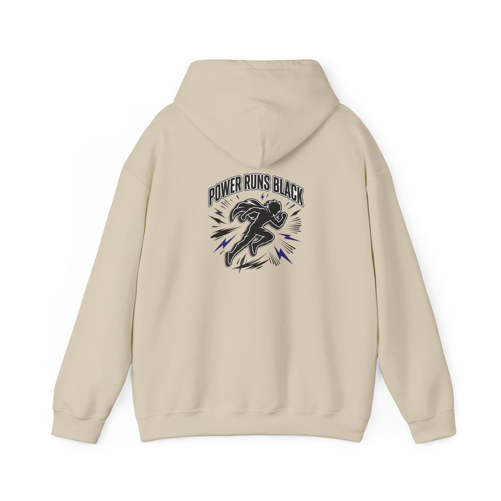 Power Runs Black Hoodie — Bold Graphic Athletic Streetwear by Printify
