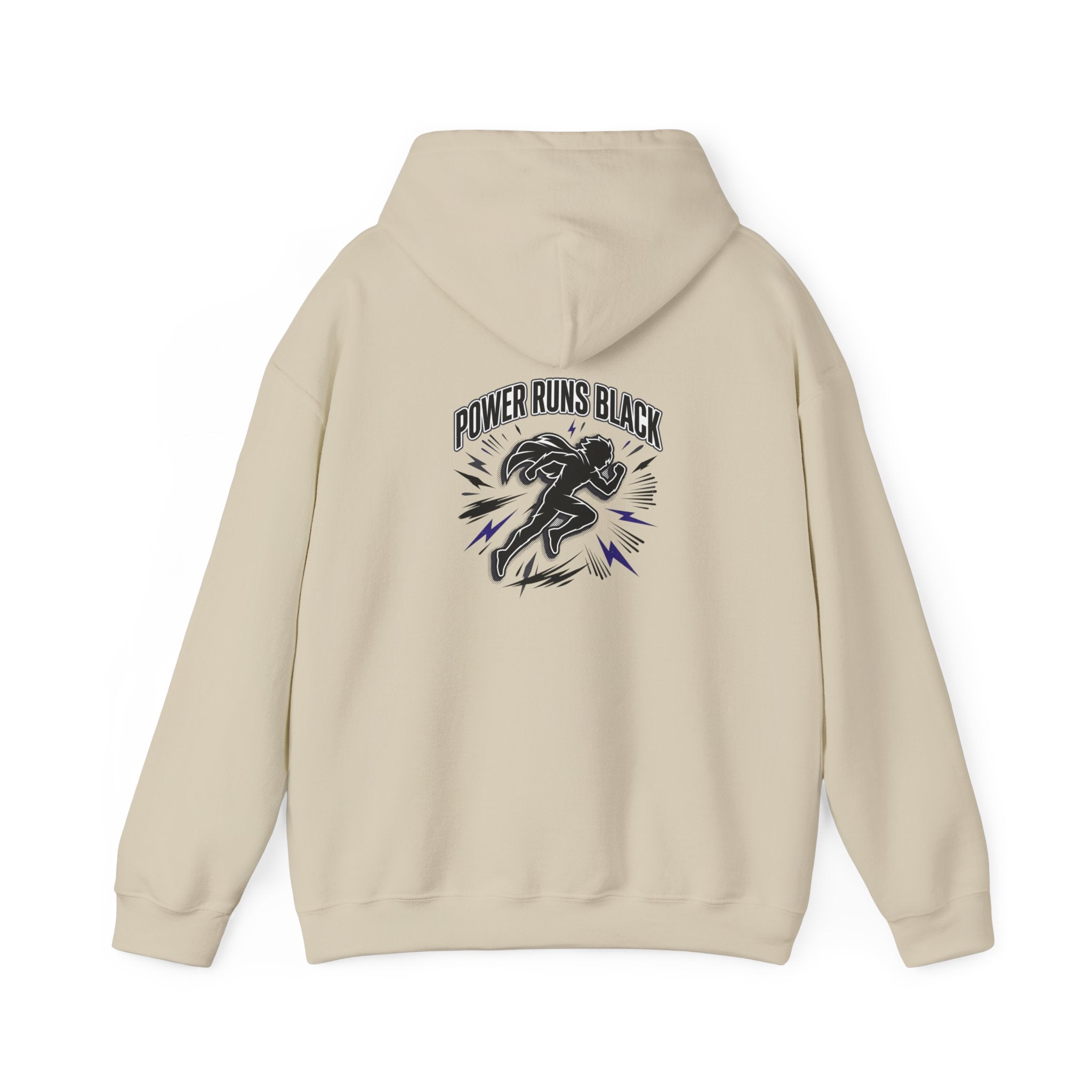 Power Runs Black Hoodie — Bold Graphic Athletic Streetwear by Printify