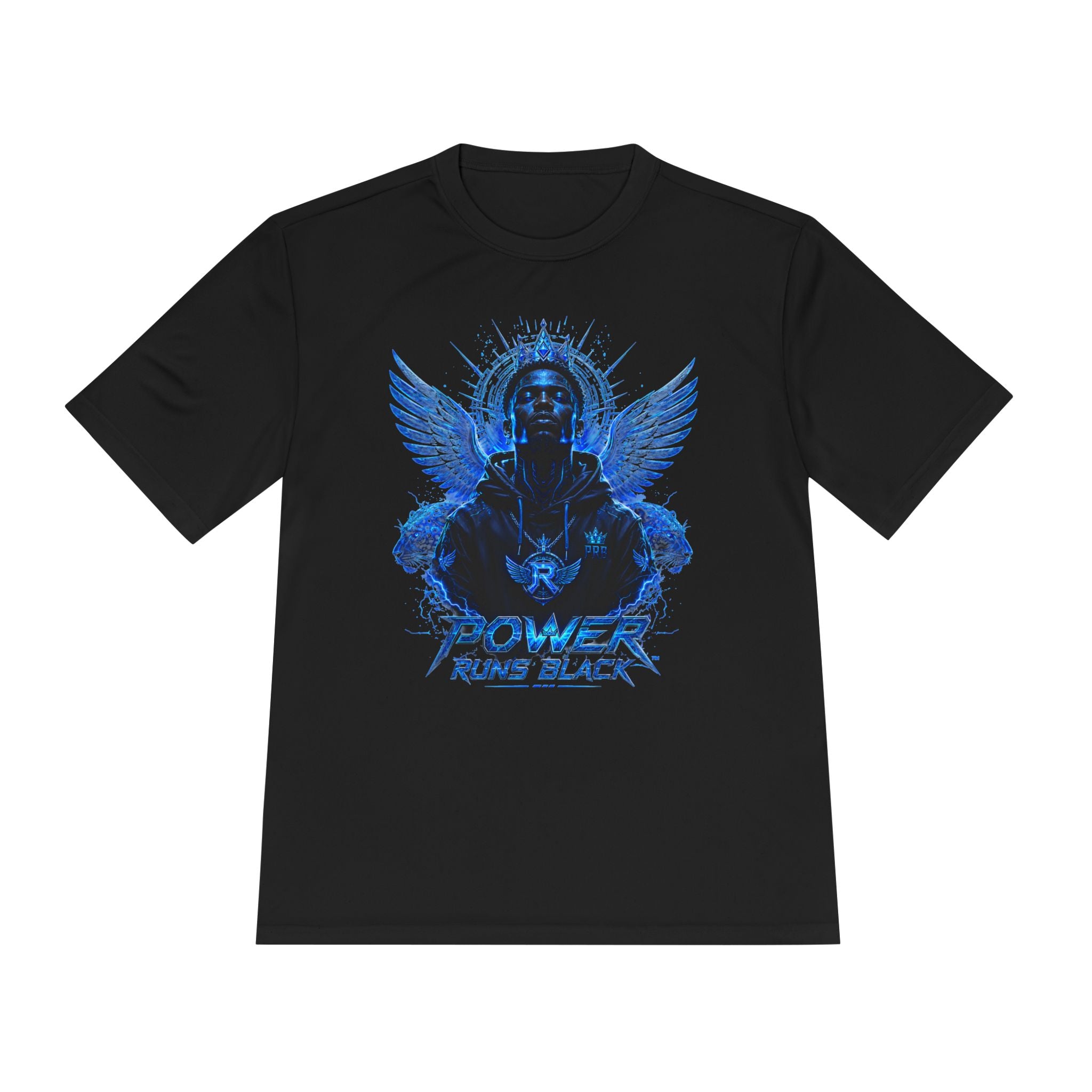 Power Runs Black graphic Tee | Blue angel wings, armored figure, bold script by Power Runs Black