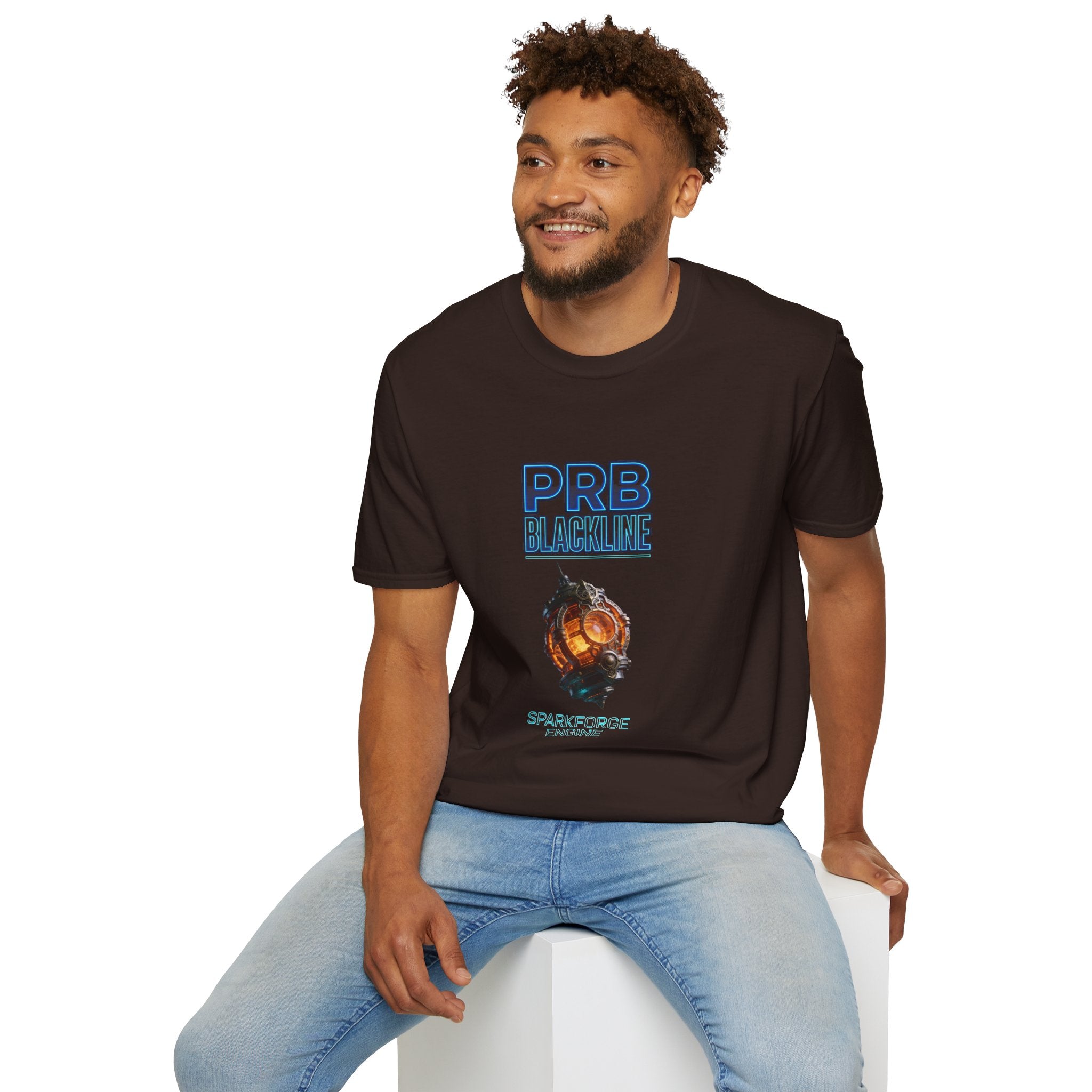 PRB Blackline Sparkforge Engine T‑Shirt — Sci‑Fi Mechanical Graphic Tee by Power Runs Black