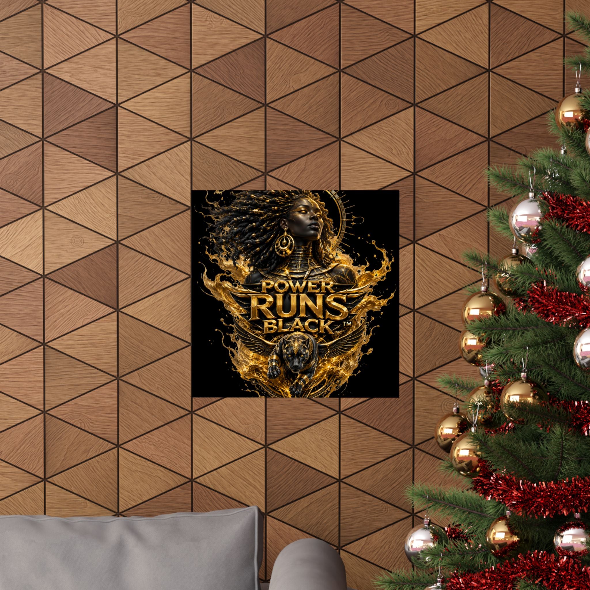 Power Runs Black Matte Poster — Afrocentric Gold Goddess Wall Art by Power Runs Black