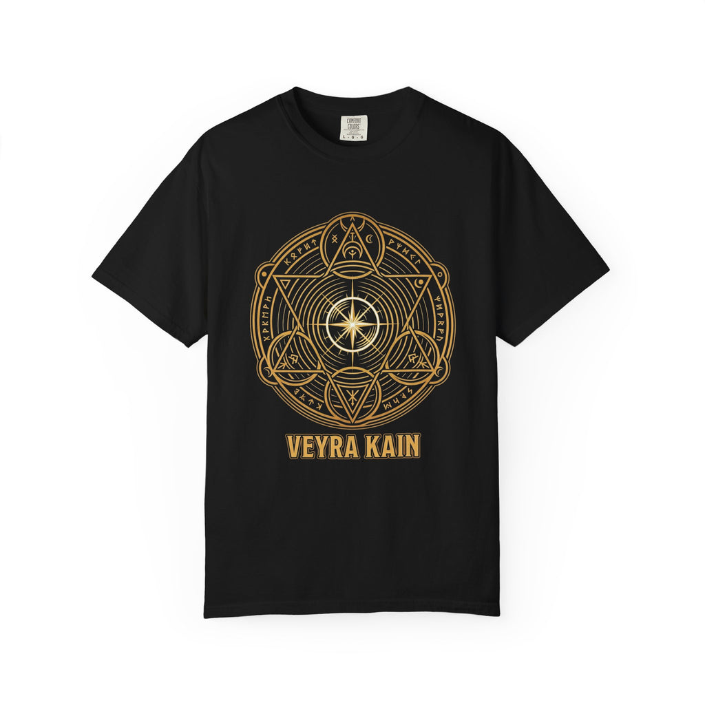 Power Runs Black PRB — Veyra Kain Geometric Sigil Tee with “Too Much Becomes Ruin” Graphic T-Shirt by Printify