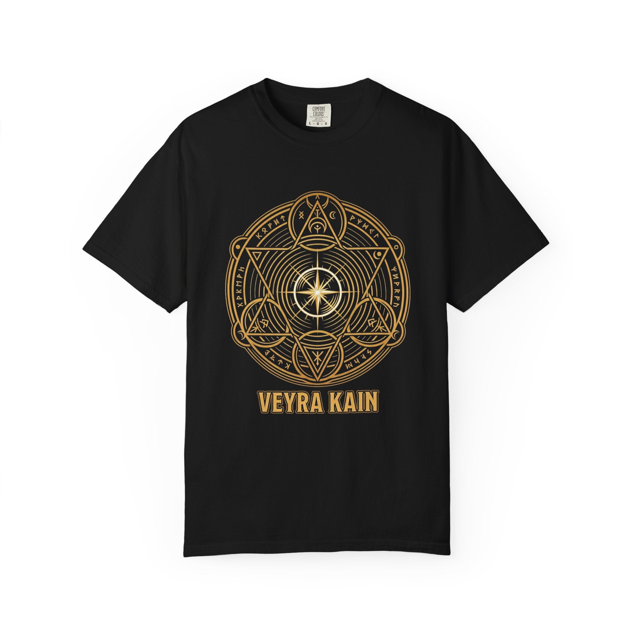 Power Runs Black PRB — Veyra Kain Geometric Sigil Tee with “Too Much Becomes Ruin” Graphic T-Shirt by Printify