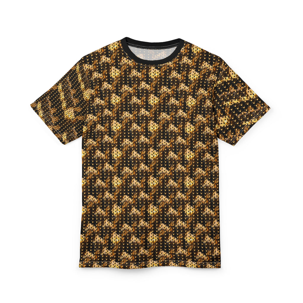 Power Runs Black PRB Golden Houndstooth Knit Pattern Tee | All-Over Print Shirt by Power Runs Black