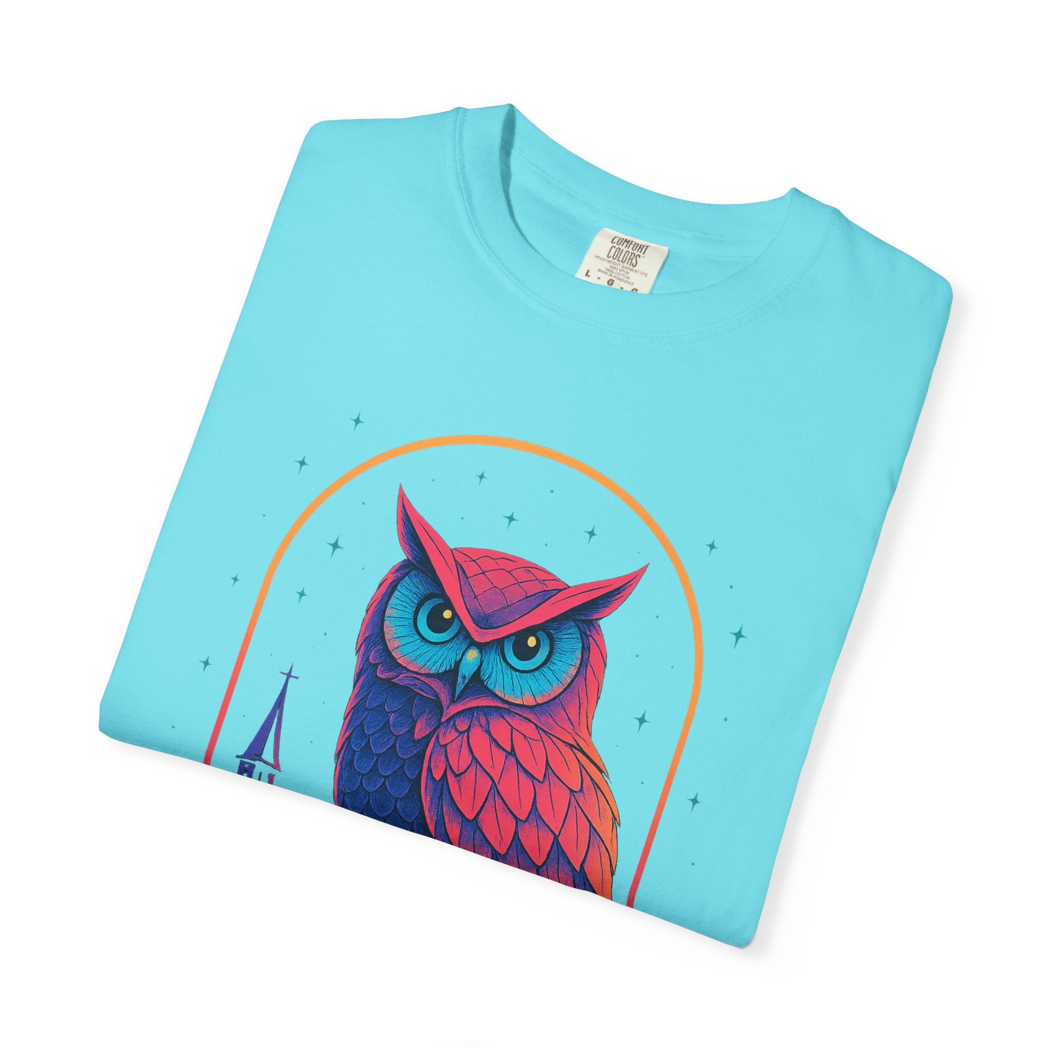 PRB Neon Owl Illustration T-Shirt | Night Church Graphic Tee by Power Runs Black