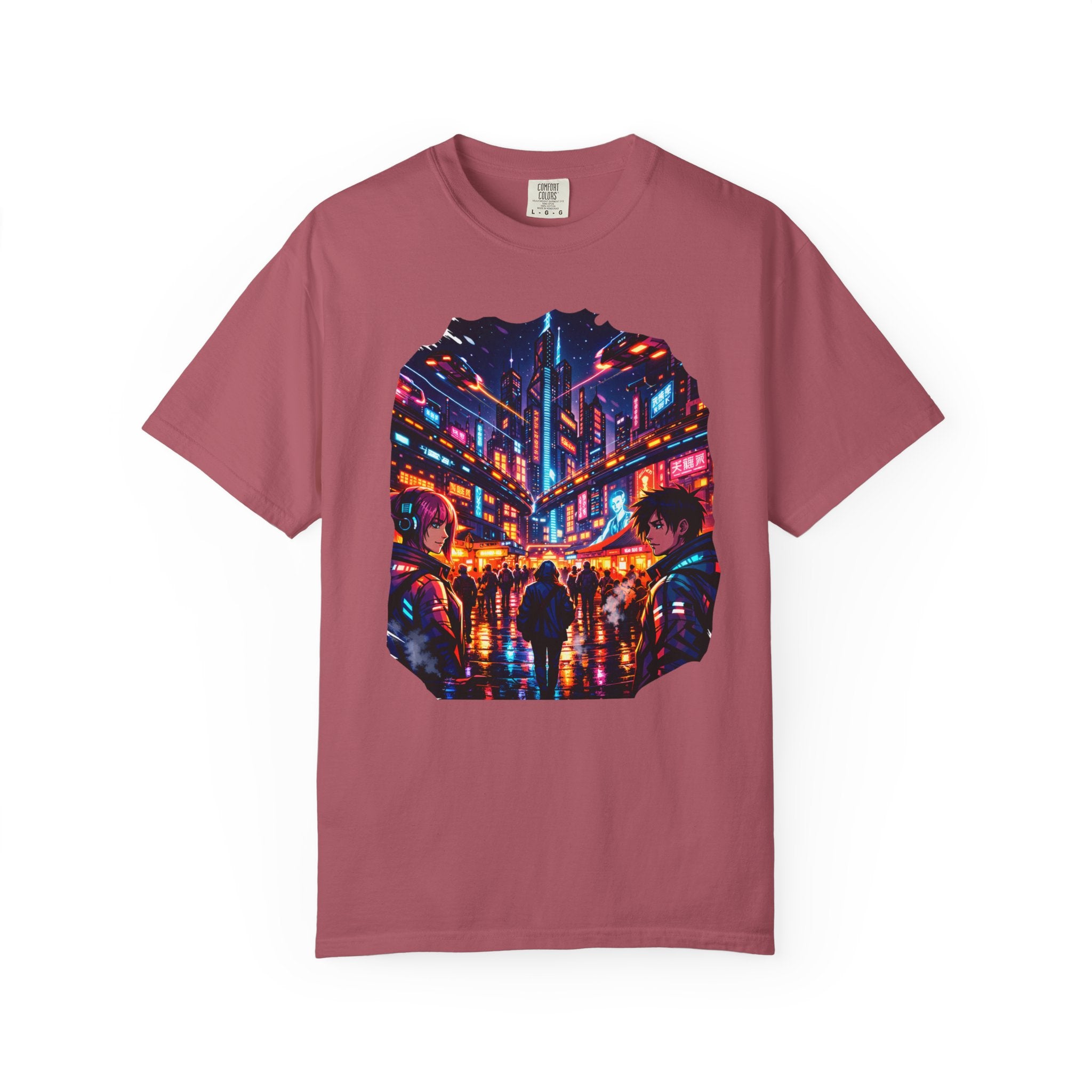 PRB Neon Cyberpunk Cityscape T-shirt | Anime Night Rain Streets by Power Runs Black