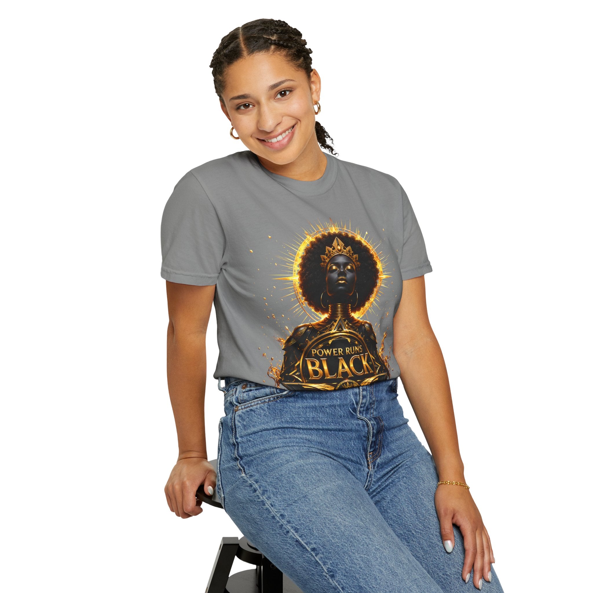 Power Runs Black goddess illustration T-Shirt | Afrocentric black pride design by Power Runs Black