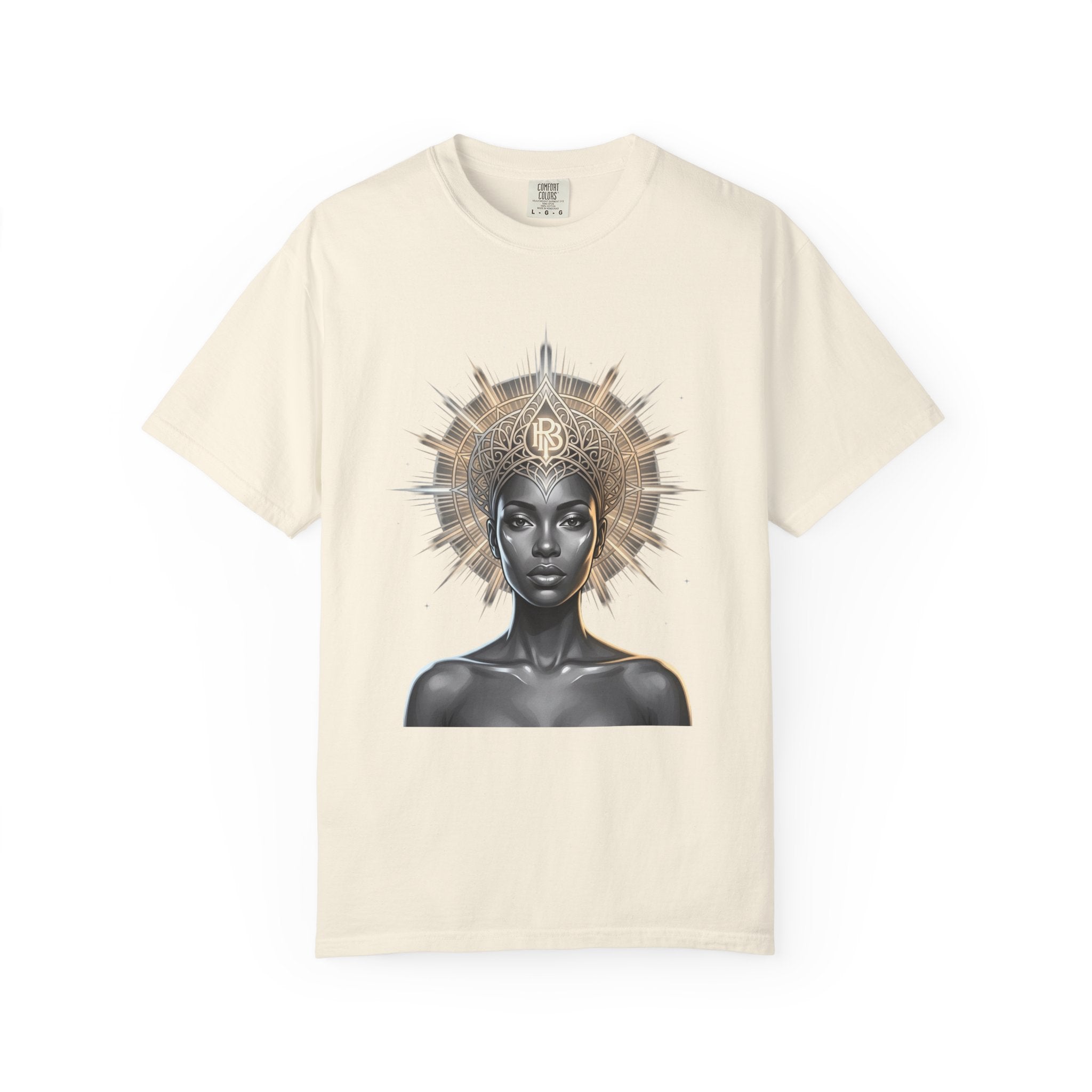 Printify PRB Goddess Halo T‑Shirt — Black Goddess Portrait with Ornate Gold Headdress - T-Shirt