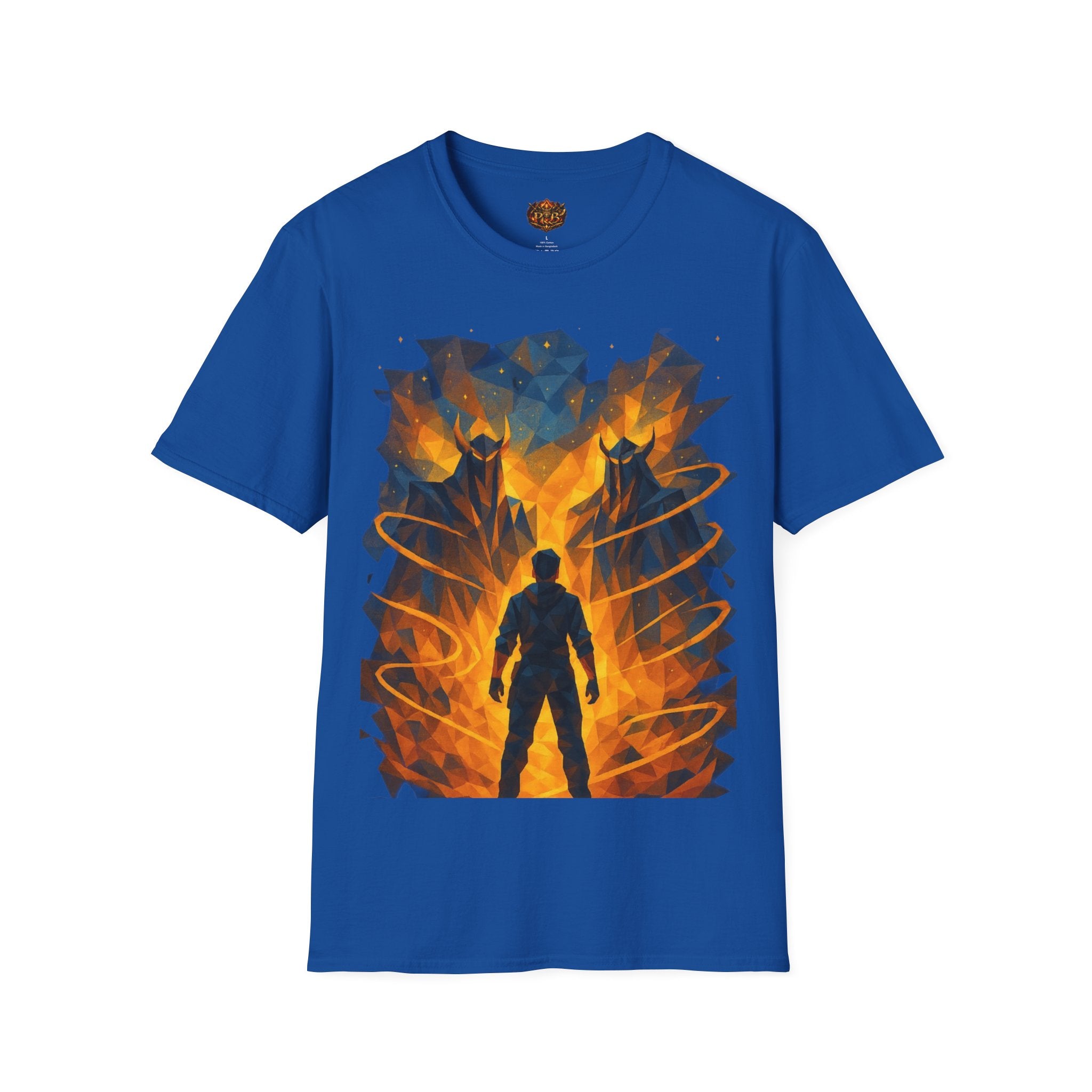 PRB Flame Silhouette Warrior T-Shirt | Fiery Geometric Backdrop by Power Runs Black