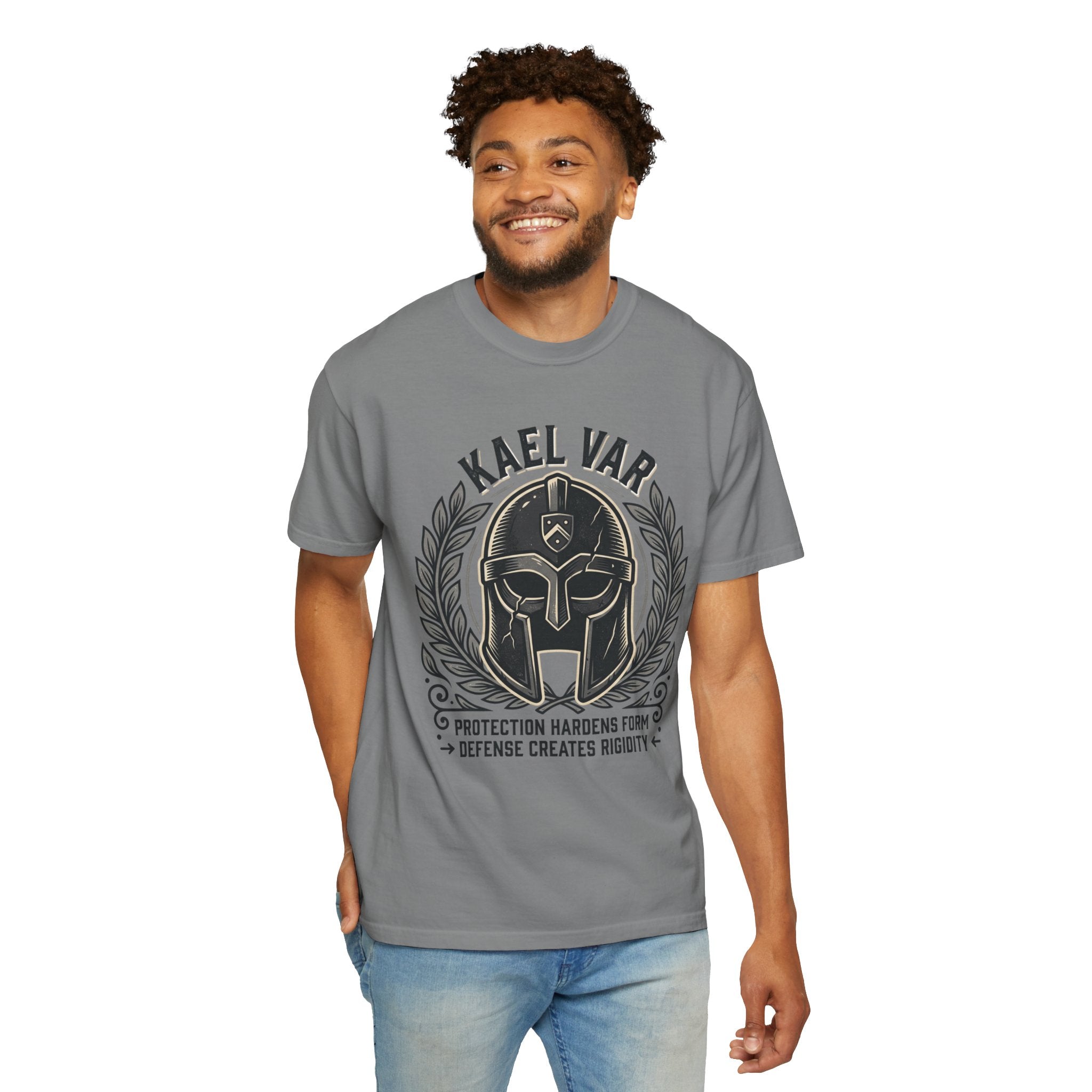 Power Runs Black PRB Kael Var Helmet Graphic T-Shirt — "Protection Hardens Form" Warrior Tee by Power Runs Black