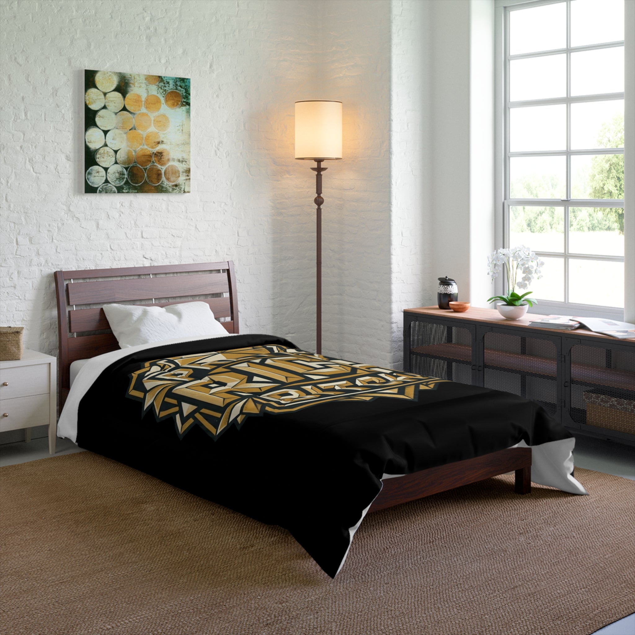 PRB Pretty Rich Bitch Comforter — Bold Gold Art Deco Luxe Bedding by Power Runs Black
