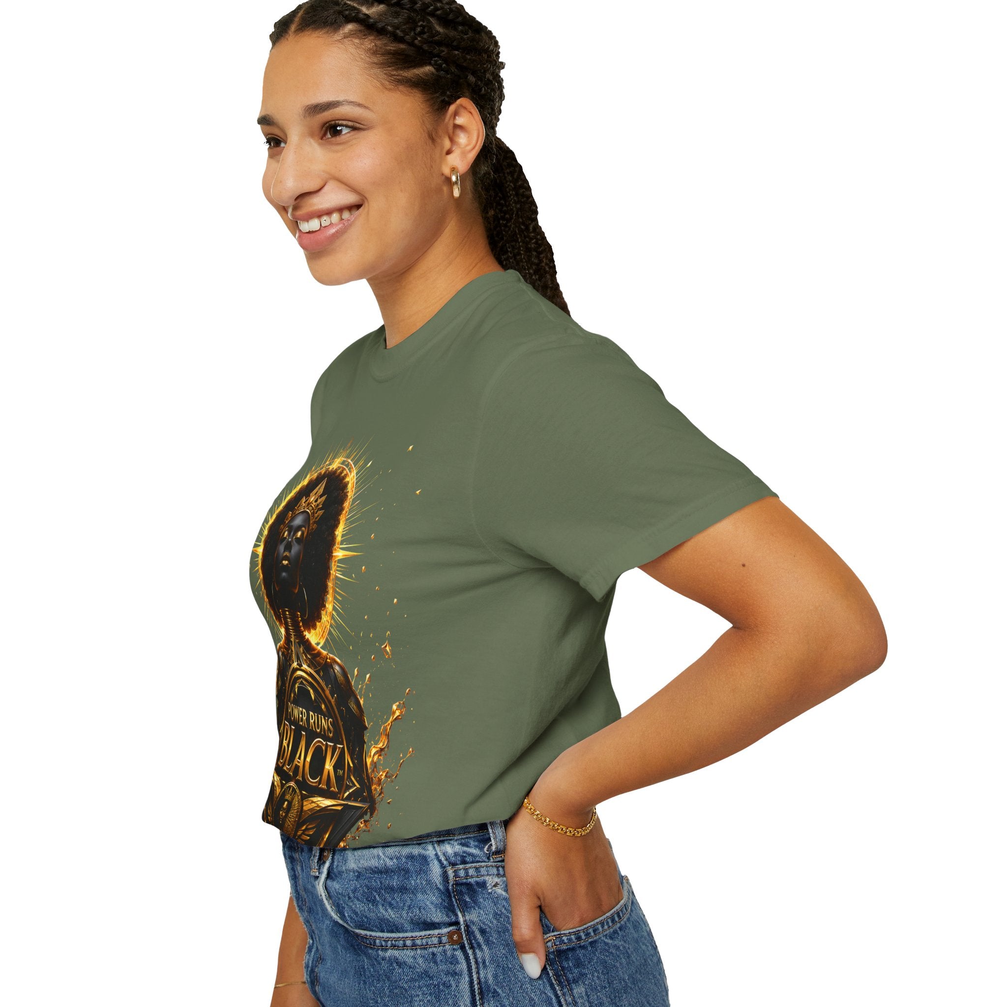 Power Runs Black goddess illustration T-Shirt | Afrocentric black pride design by Power Runs Black