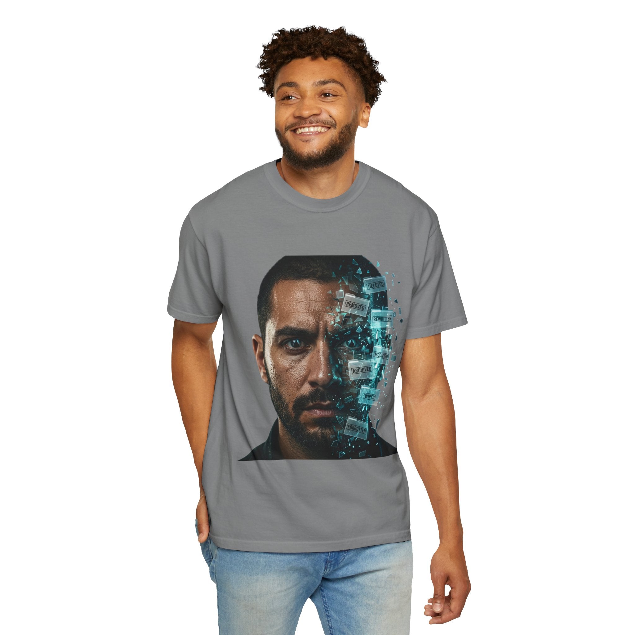 Syndication Loop Cyberpunk Portrait Tee — Tech-Noir Graphic T-Shirt | Power Runs Black by Printify