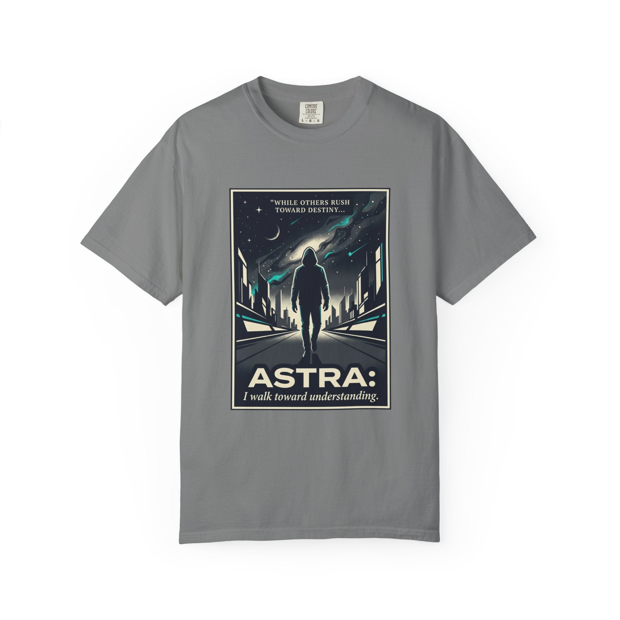 Power Runs Black Astra Sci‑Fi Graphic T-Shirt — "I walk toward understanding" Poster Design by Power Runs Black
