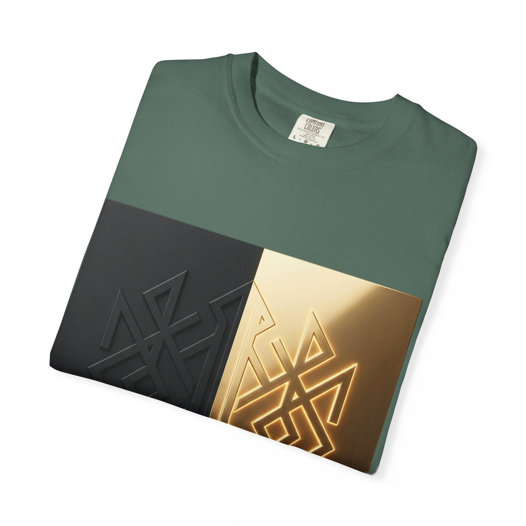 Power Runs Black PRB Geometric Split Glow T-Shirt — Black & Gold Tribal Diamond Graphic by Power Runs Black