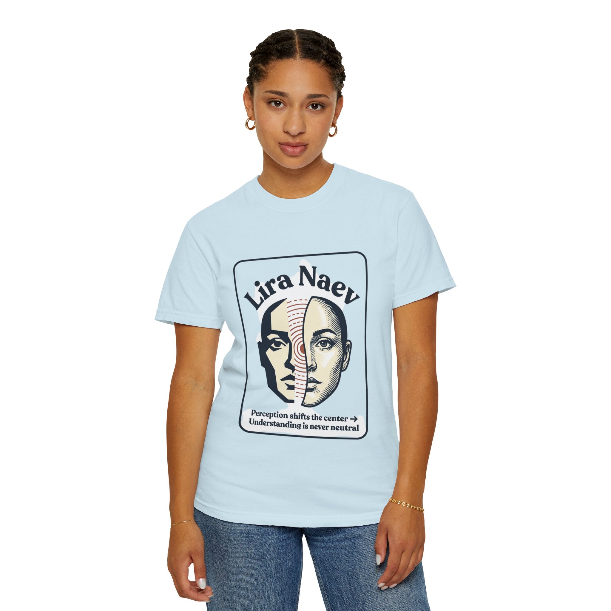 Power Runs Black PRB Lira Naev Split-Face Graphic T-Shirt — “Perception shifts the center” Statement Tee by Power Runs Black