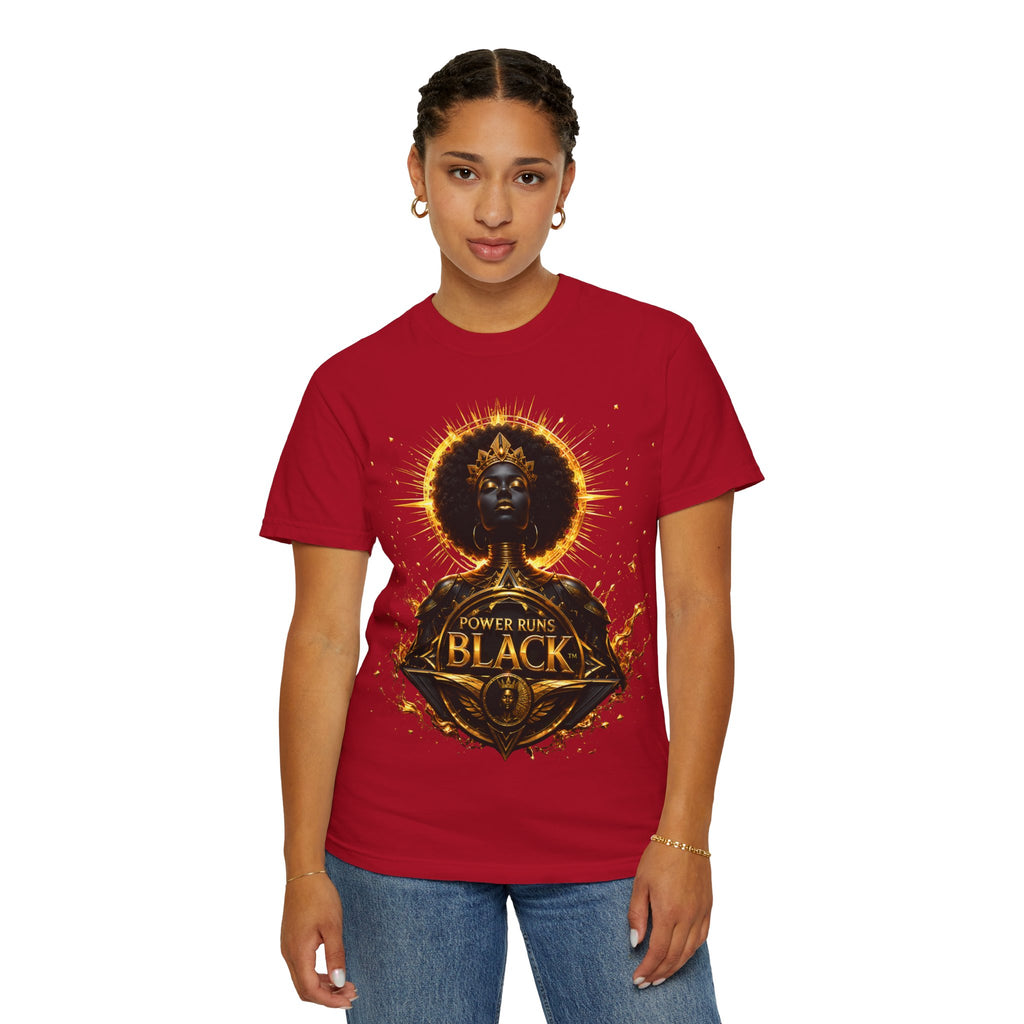 Power Runs Black goddess illustration T-Shirt | Afrocentric black pride design by Power Runs Black