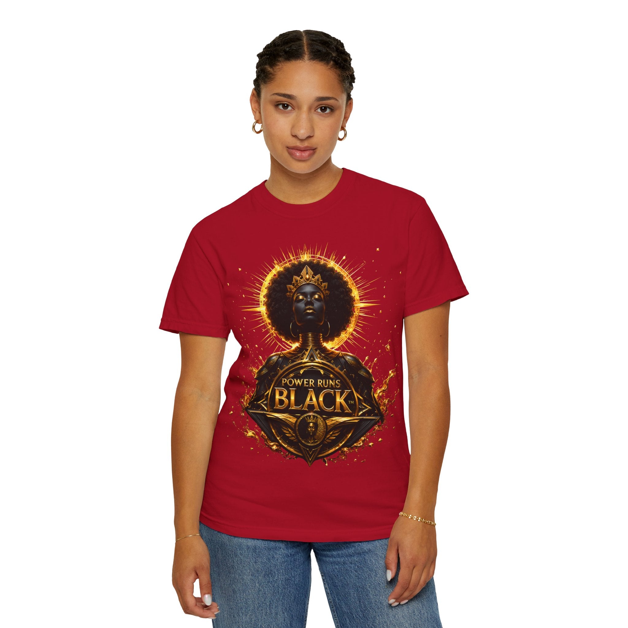 Power Runs Black goddess illustration T-Shirt | Afrocentric black pride design by Power Runs Black