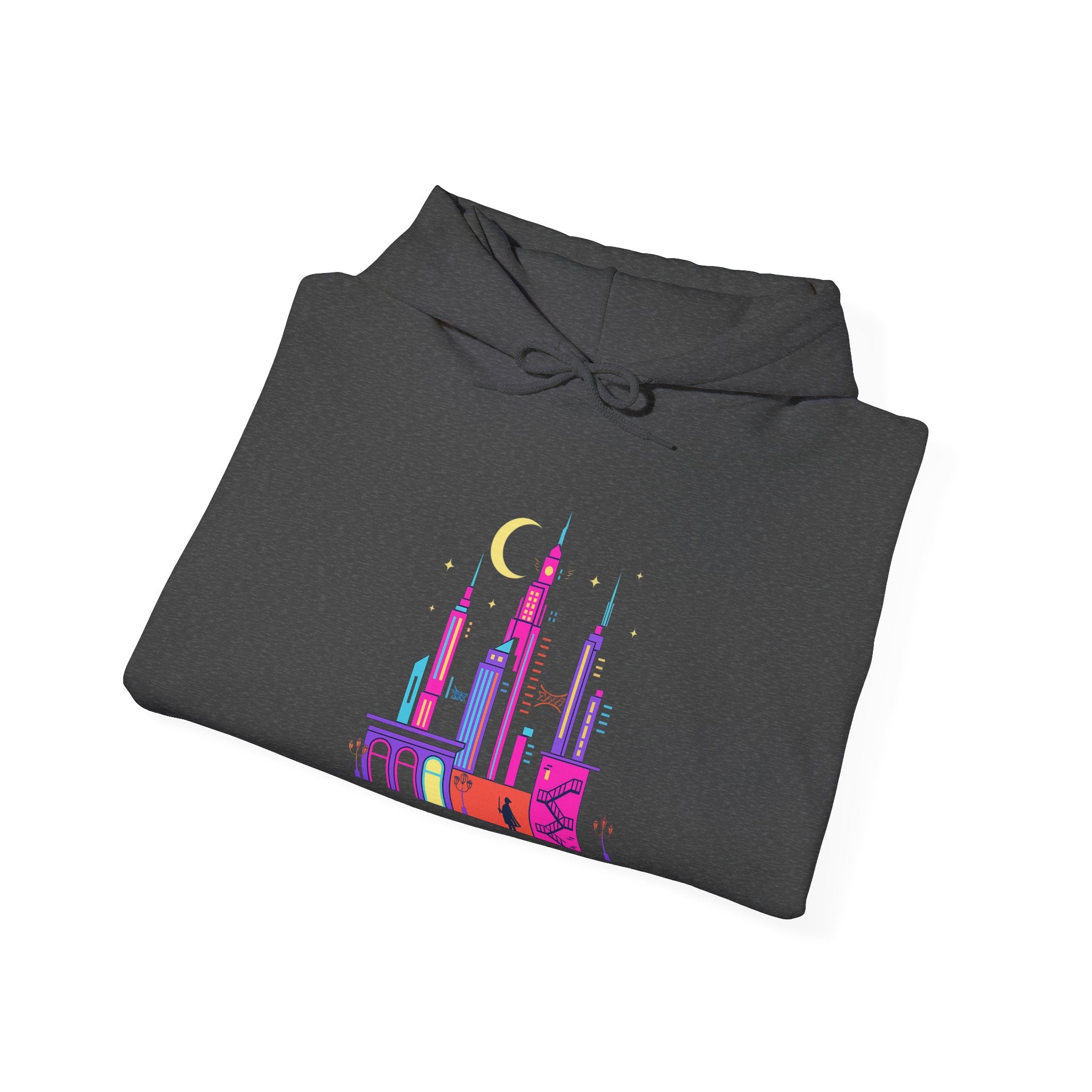 PRB Colorful City Skyline Hoodie – Vibrant Nighttime Urban Graphic by Printify