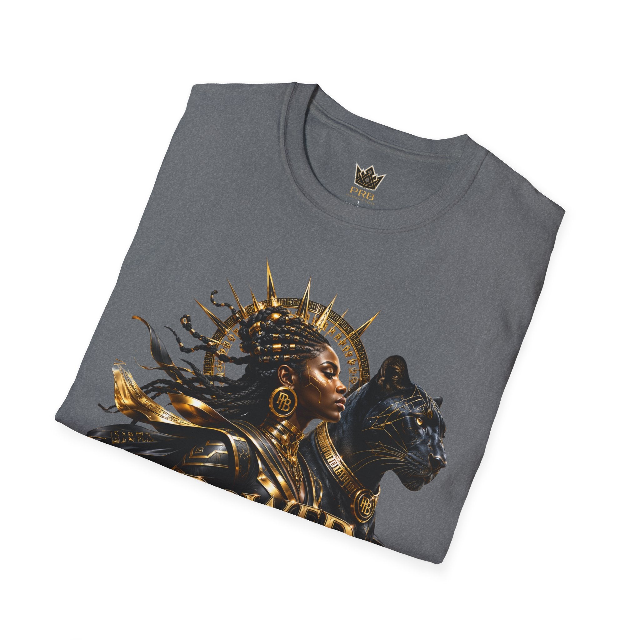 Power Runs Black PRB | Black Woman Portrait, Gold Accents Panther Graphics T by Power Runs Black