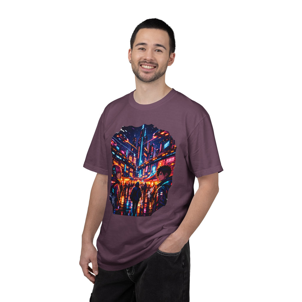 PRB Neon Cyberpunk Cityscape T-shirt | Anime Night Rain Streets by Power Runs Black