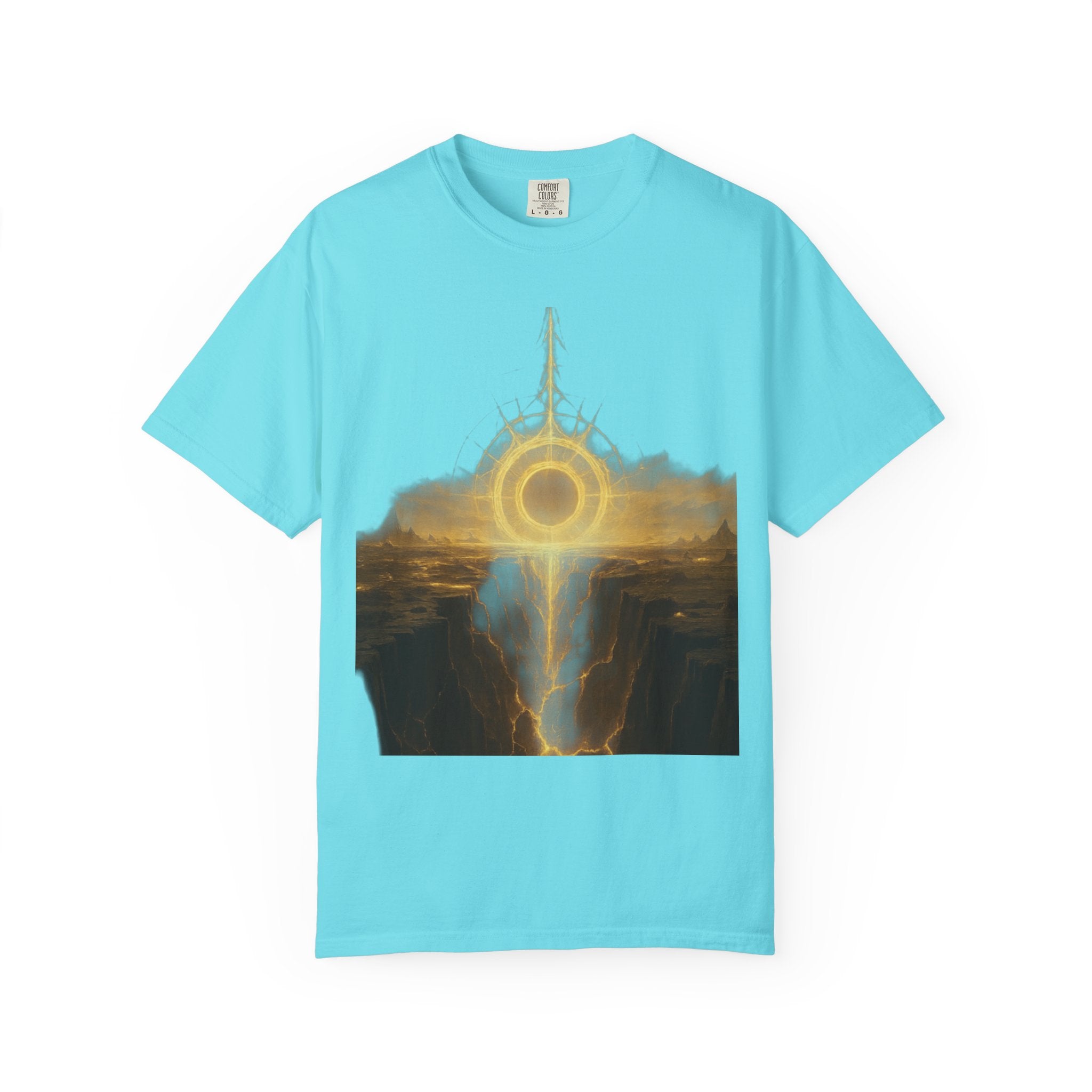 Power Runs Black PRB Golden Eclipse Portal T-shirt | Fantasy Landscape, Mystic Ring, Tower Art by Power Runs Black