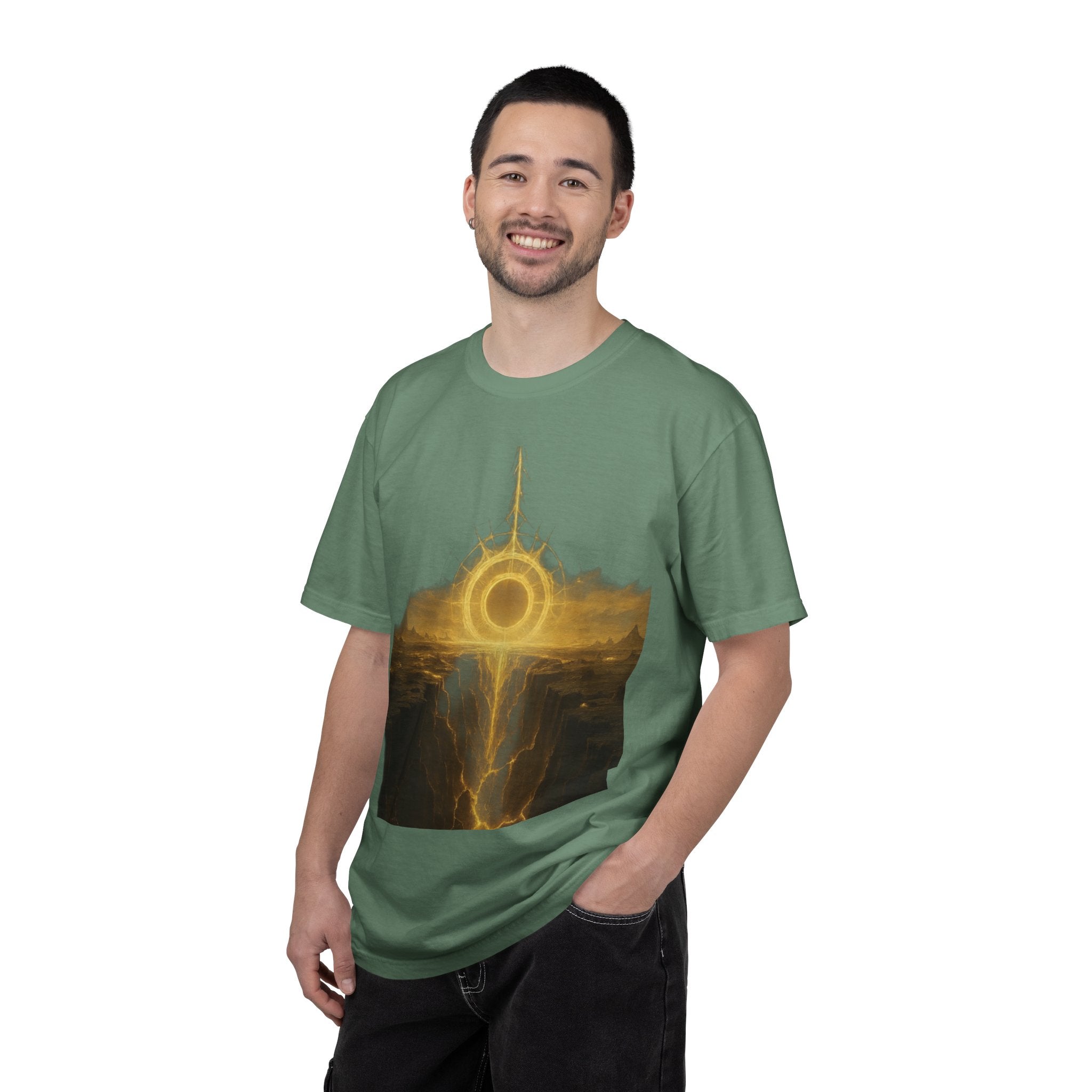 Power Runs Black PRB Golden Eclipse Portal T-shirt | Fantasy Landscape, Mystic Ring, Tower Art by Power Runs Black