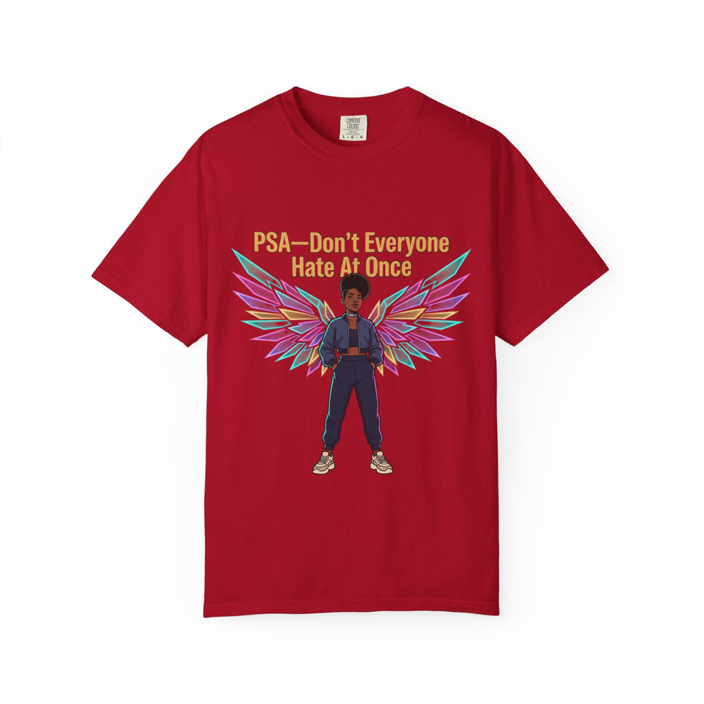 T-Shirt — PSA “Don't Everyone Hate At Once” Angel Wings Graphic Tee by Printify