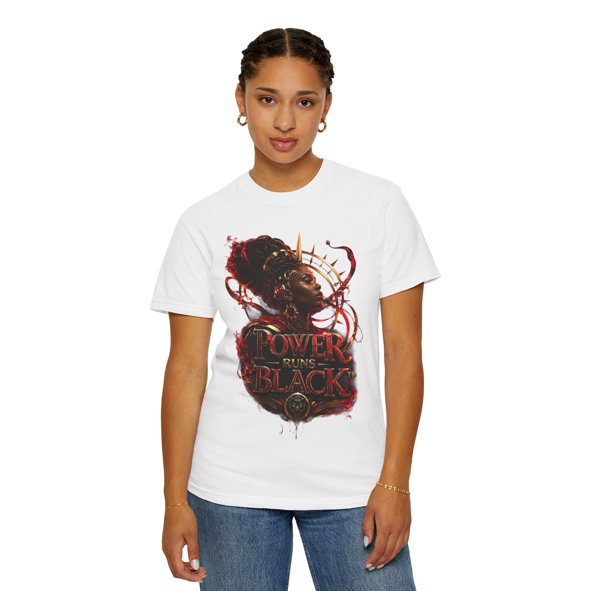 Power Runs Black T-Shirt — Afrocentric Crowned Goddess Graphic Tee by Printify