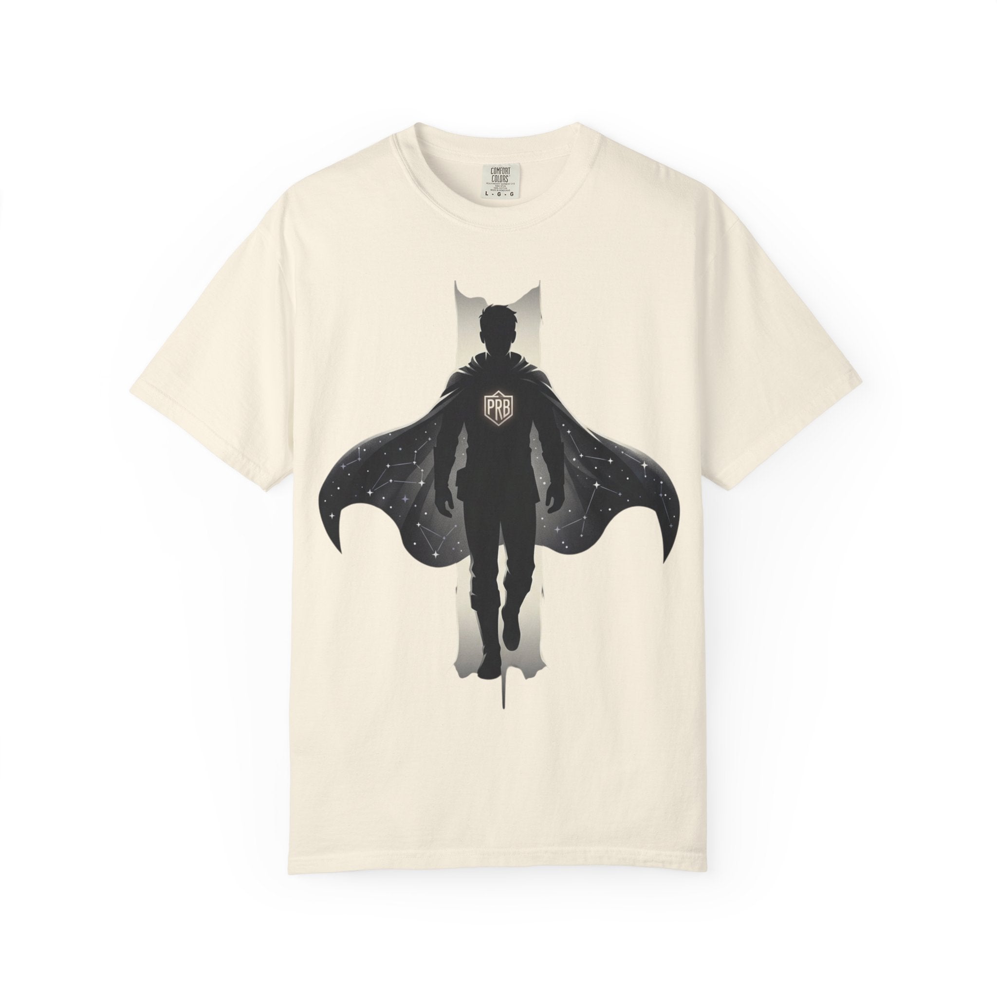 Power Runs Black Silhouette PRB Superhero with Cape T-shirt | Night Sky Emblem, Graphic Tee by Printify