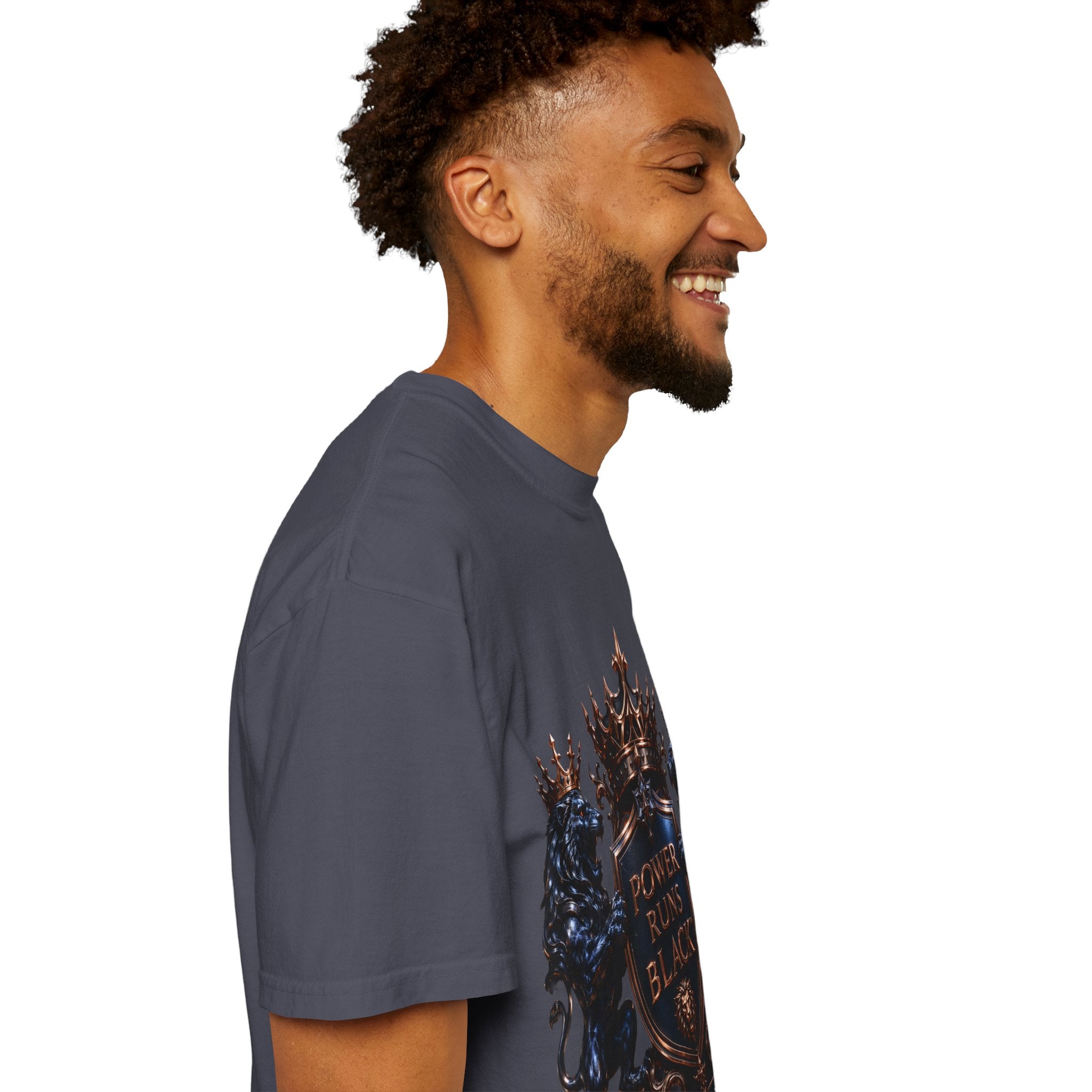 Power Runs Black Crest T-shirt | Heraldic Lion Shield Tee by Power Runs Black