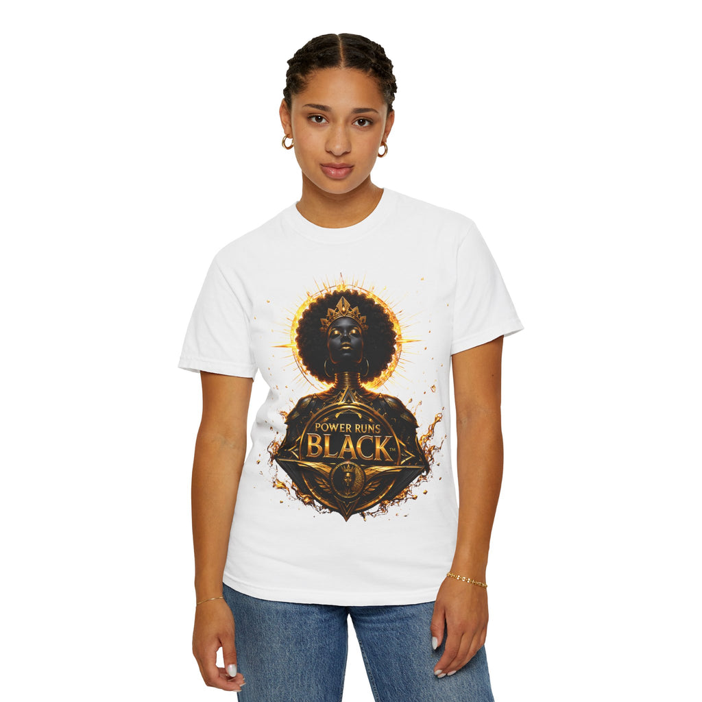 Power Runs Black goddess illustration T-Shirt | Afrocentric black pride design by Power Runs Black