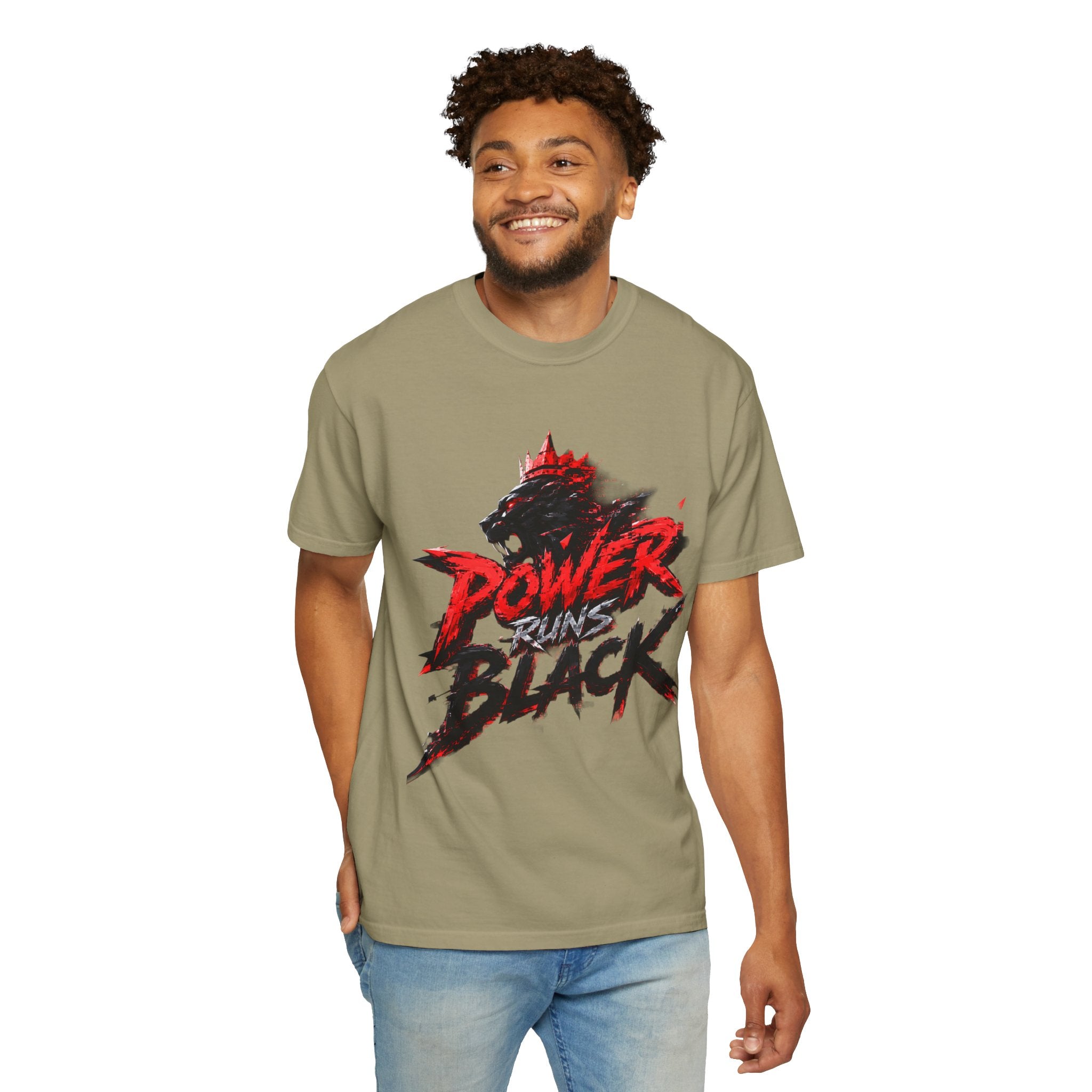 Power Runs Black T-shirt | Wolf Silhouette, Red Black Graphic Tee by Power Runs Black