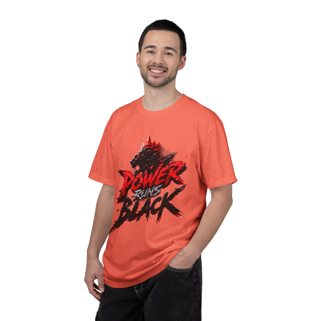 Power Runs Black T-shirt | Wolf Silhouette, Red Black Graphic Tee by Power Runs Black