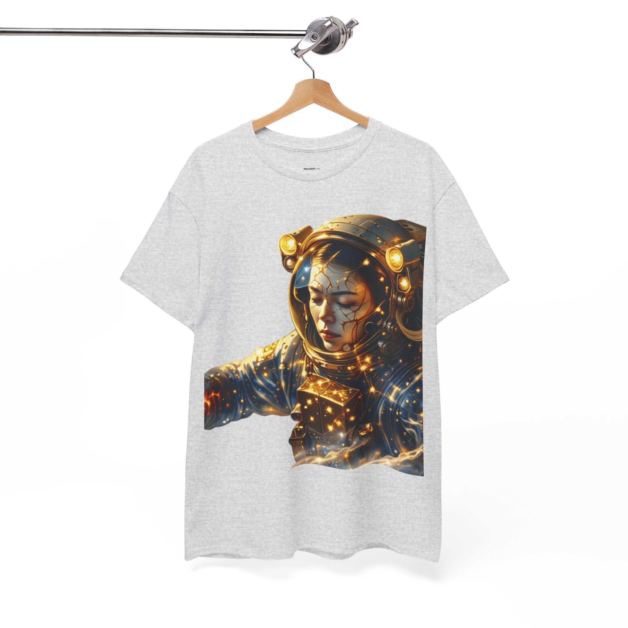 Power Runs Black PRB Golden Astronaut Portrait T-Shirt | Space Helmet Art, Cosmic Lights by Printify