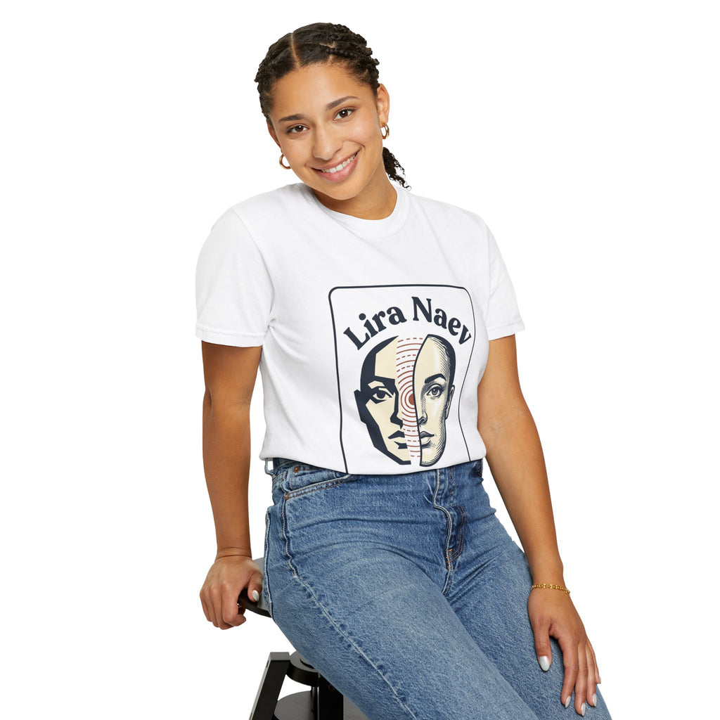 Power Runs Black PRB Lira Naev Split-Face Graphic T-Shirt — “Perception shifts the center” Statement Tee by Printify