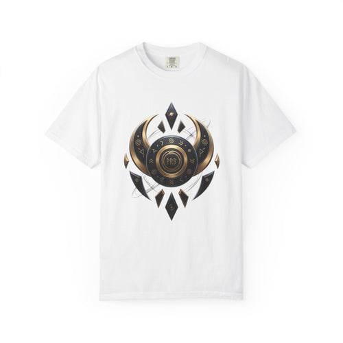 Power Runs Black Mystic Compass Disc T-Shirt — Geometric Gold & Black Emblem Tee by Printify