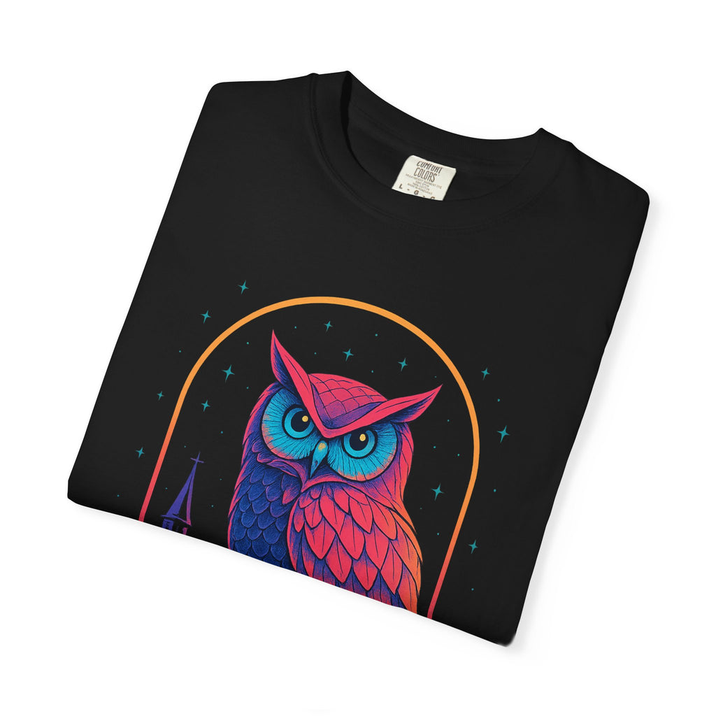 Power Runs Black PRB Neon Owl Illustration T-Shirt | Night Church Graphic Tee by Power Runs Black