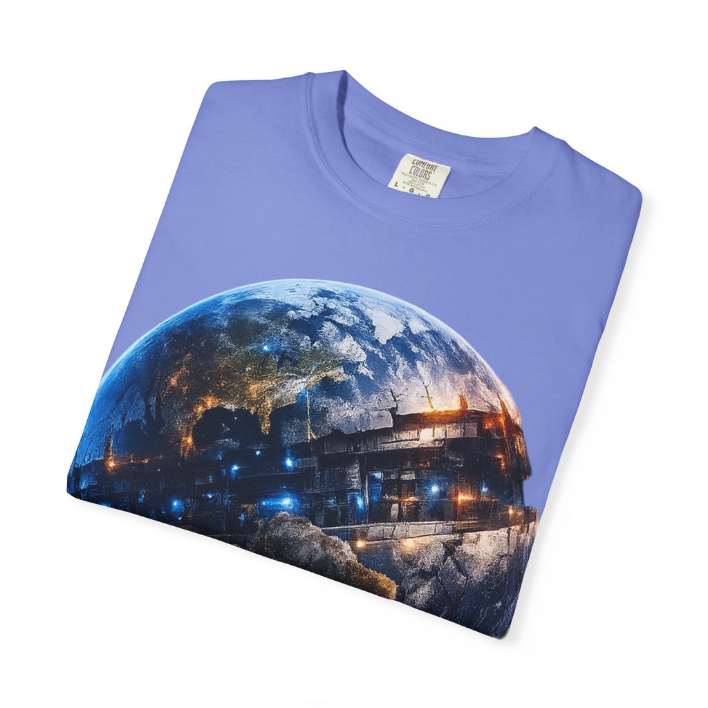 PRB Cityscape Globe T-shirt | Nighttime Earth Illustration, Urban Lights by Power Runs Black