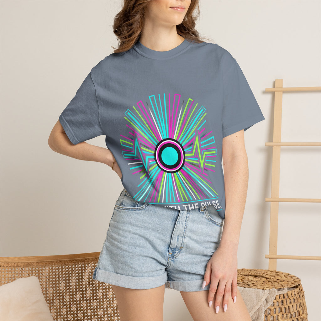 Power Runs Black PRB Electric "Move With Pulse" Graphic T-Shirt — Neon Sunburst Design by Printify