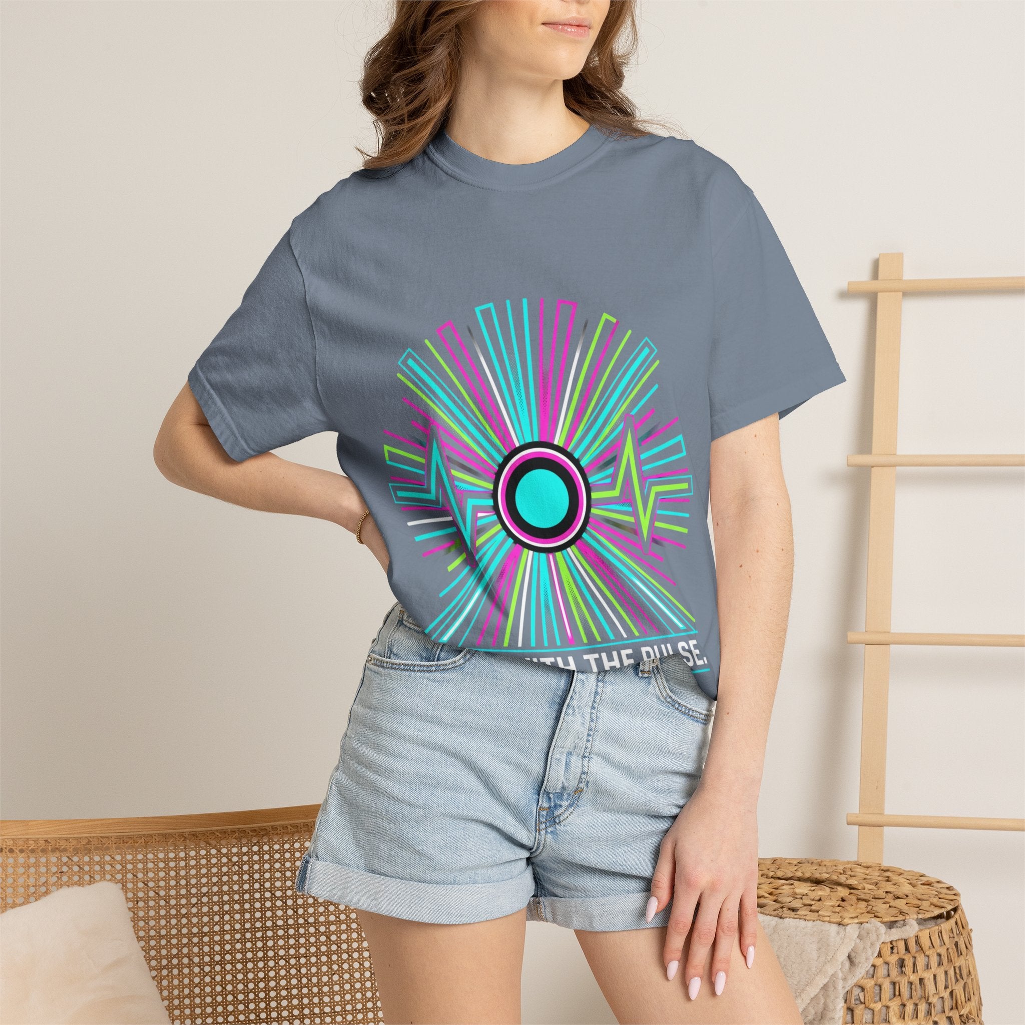 Power Runs Black PRB Electric "Move With Pulse" Graphic T-Shirt — Neon Sunburst Design by Printify