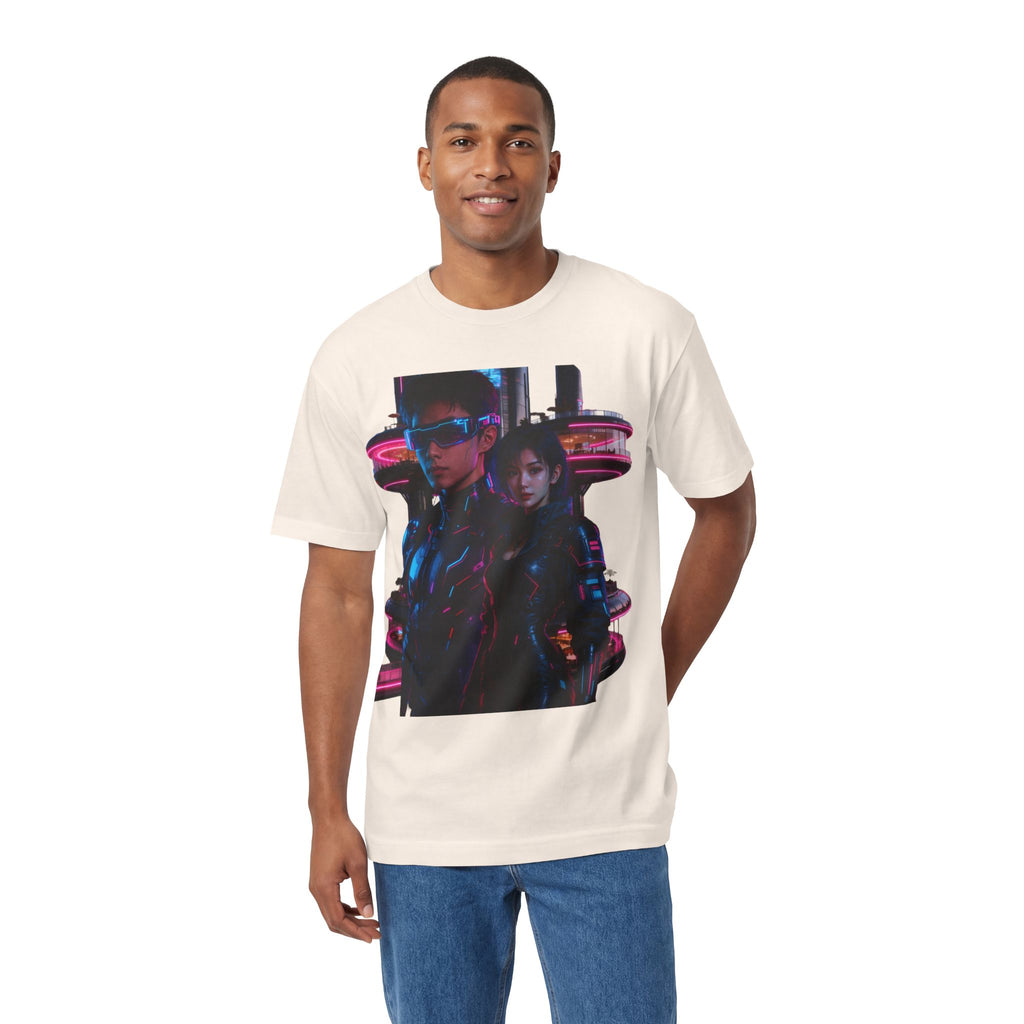 PRB Neon Tokyo Cyberpunk Couple T-Shirt | Futuristic Neon City Illustration by Power Runs Black