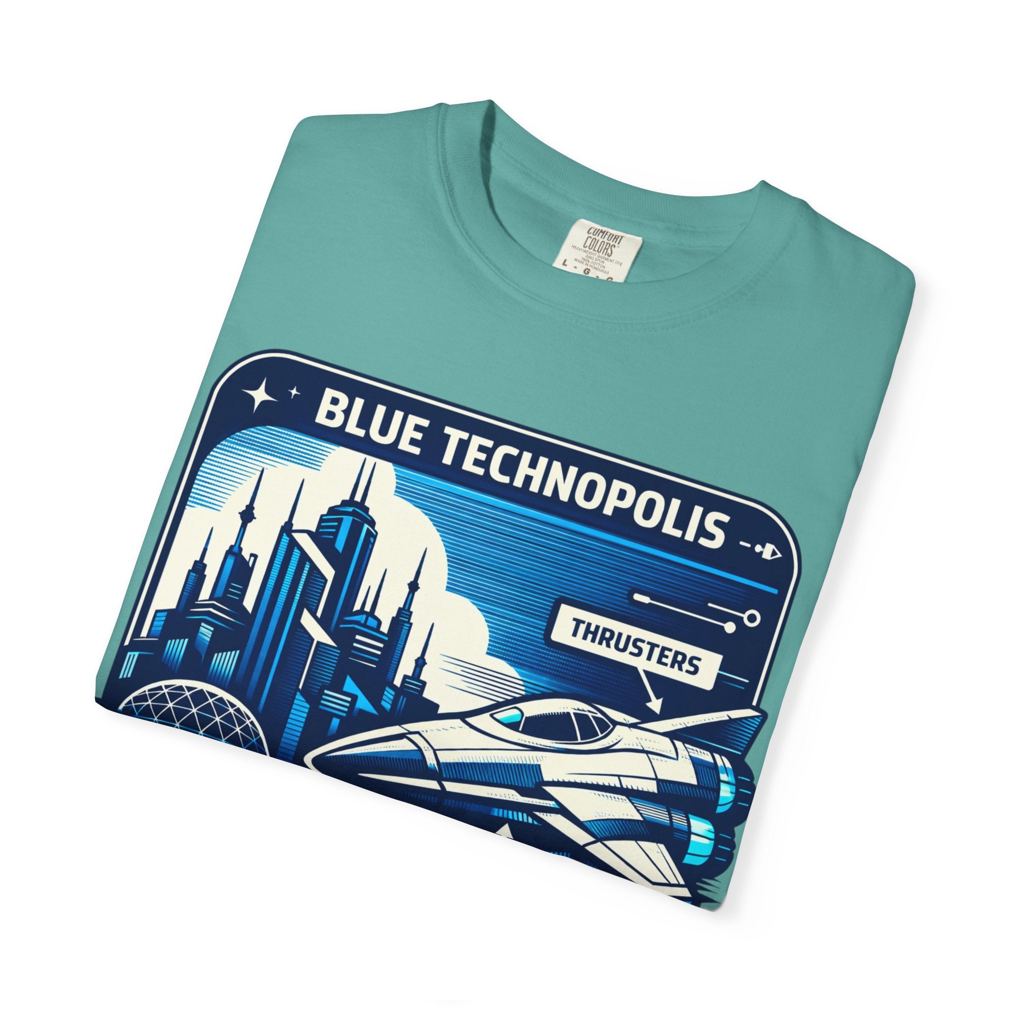Power Runs Black PRB Technopolis Spacecraft T-Shirt — Blue Technopolis Retro Sci‑Fi Tee by Printify