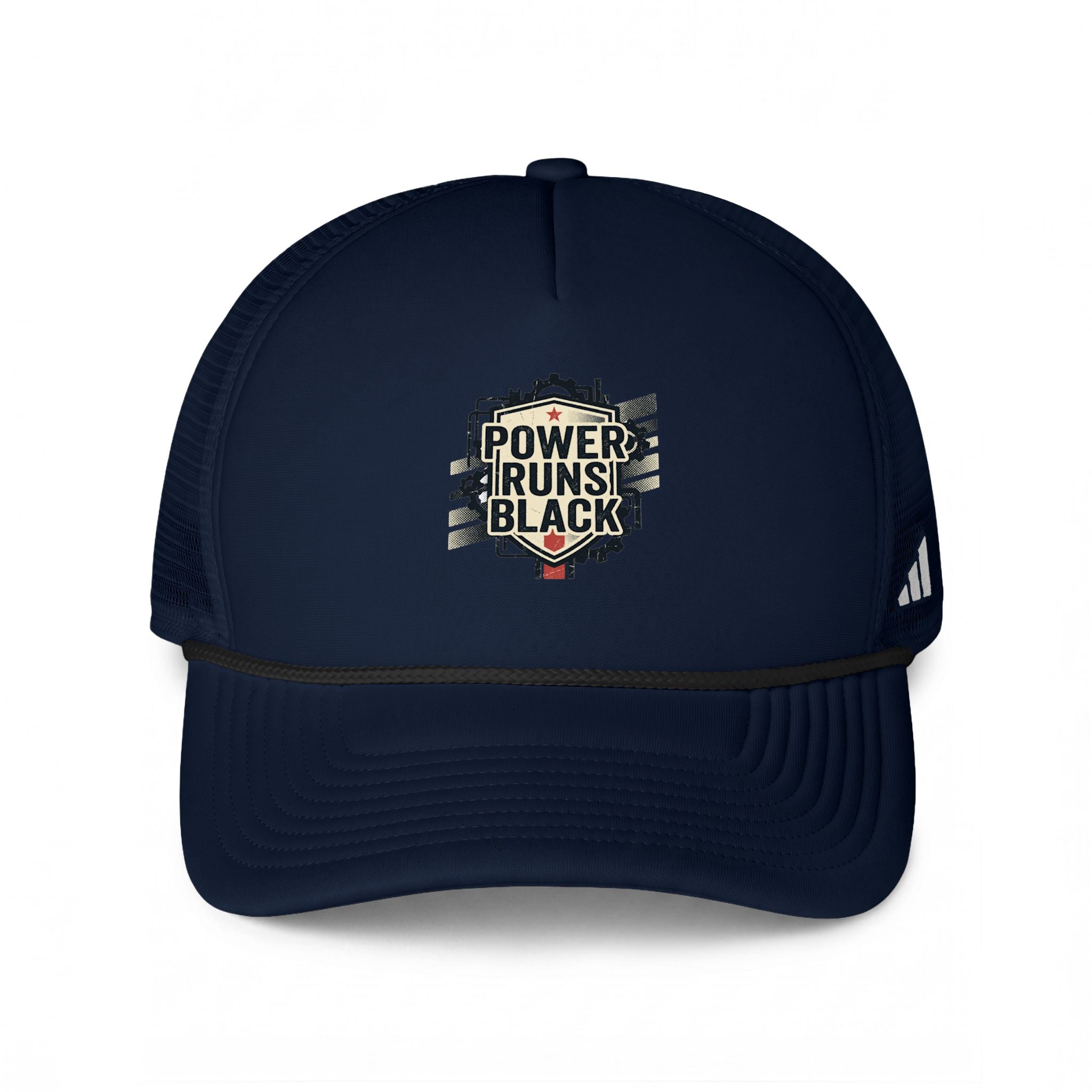 Power Runs Black Trucker Cap — "Power Runs Black" Vintage Adidas Patch Mesh Hat by Power Runs Black